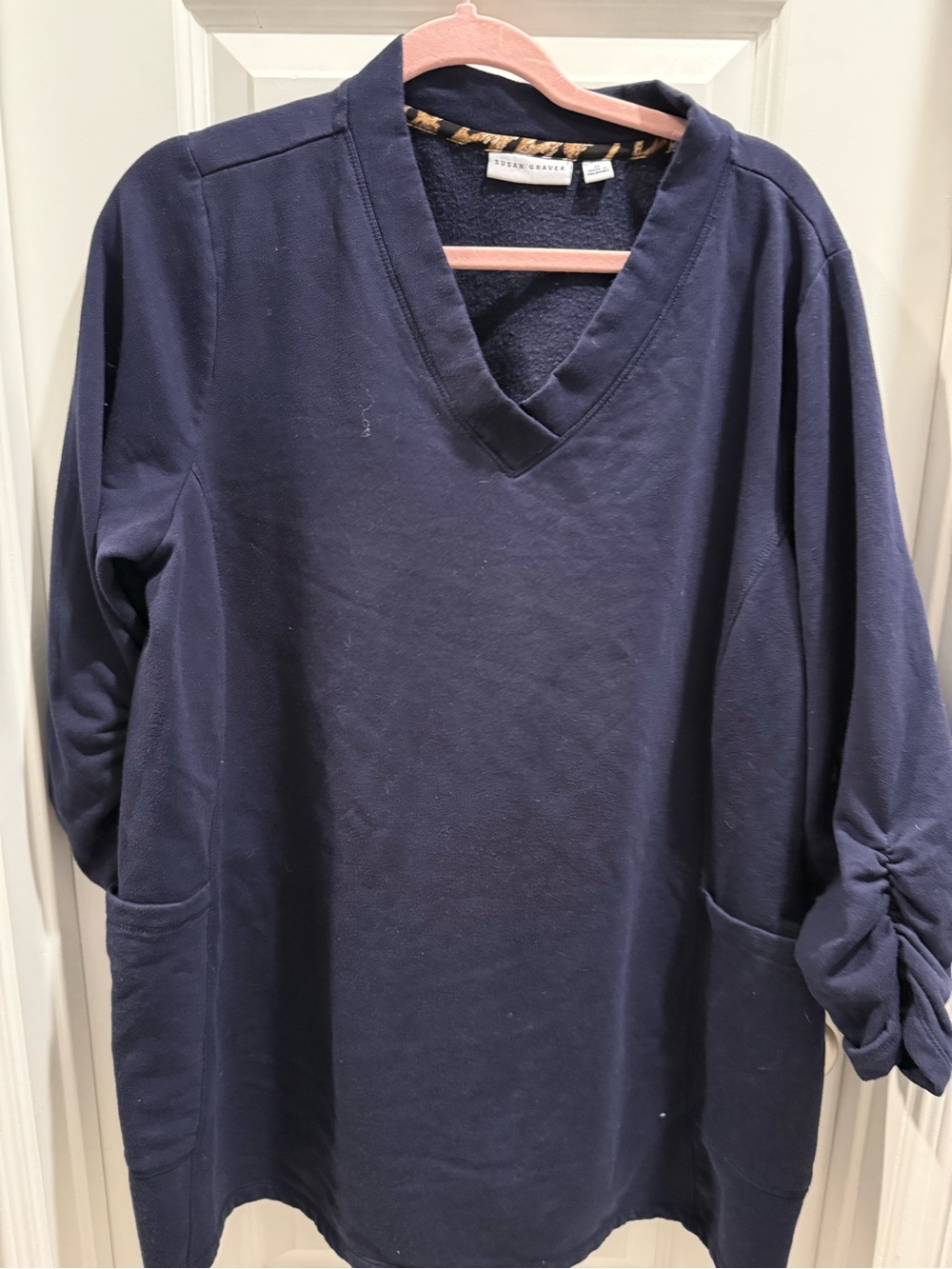 Susan Graver Navy V-Neck Sweater with Front Pockets